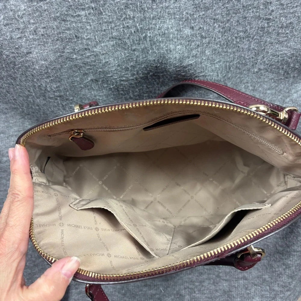 Michael Kors Burgundy Saffiano Dome Satchel Crossbody Shoulder Bag Minimalist - Picture 6 of 16